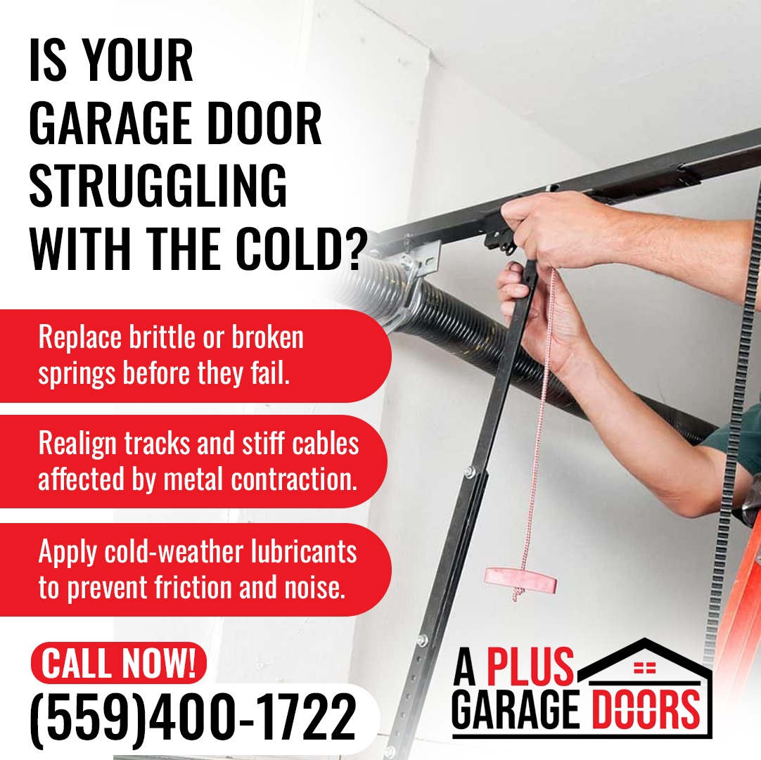 An image of a garage door spring with text providing tips for winter maintenance from A Plus Garage Doors.
