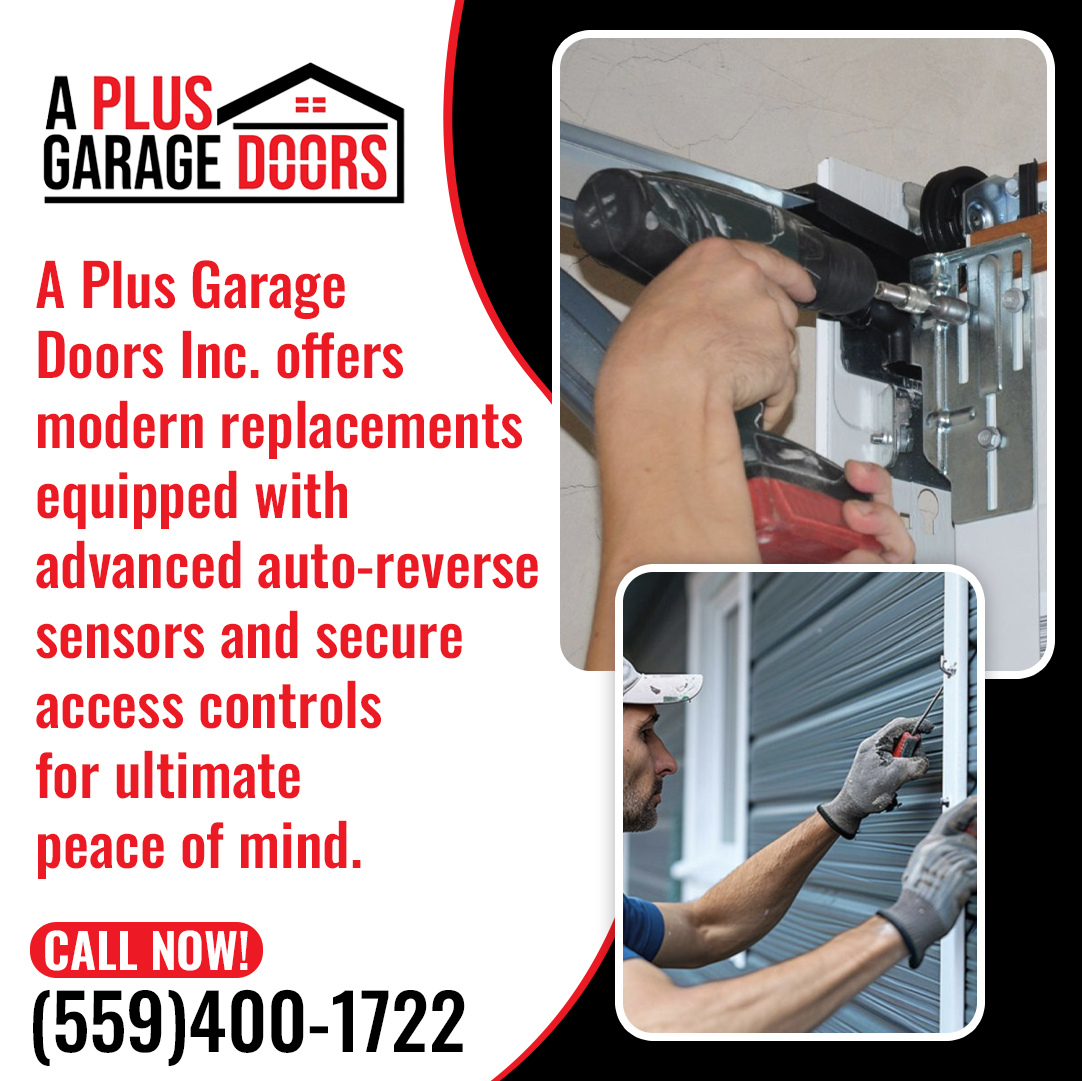A technician installing a garage door opener, promoting modern replacement doors with safety and security features from A Plus Garage Doors.