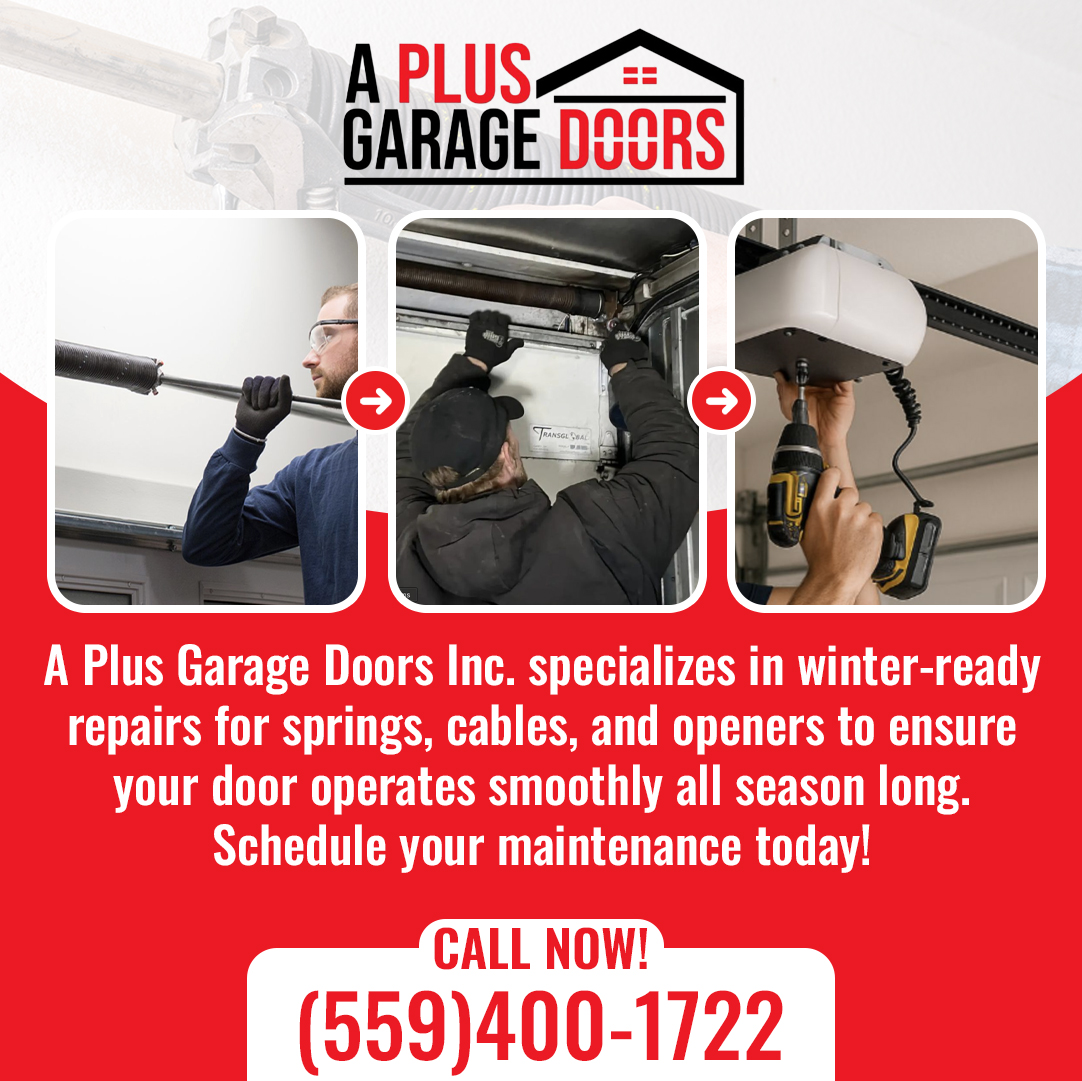  A split image showing technicians working on garage door components, promoting winter maintenance services from A Plus Garage Doors.