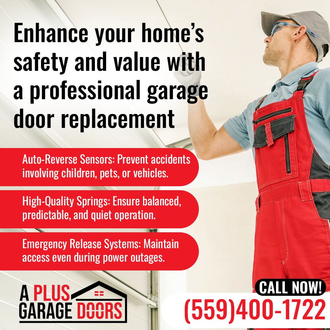 Advertisement for A Plus Garage Doors featuring a worker and highlighting safety features like auto-reverse sensors and emergency release systems.