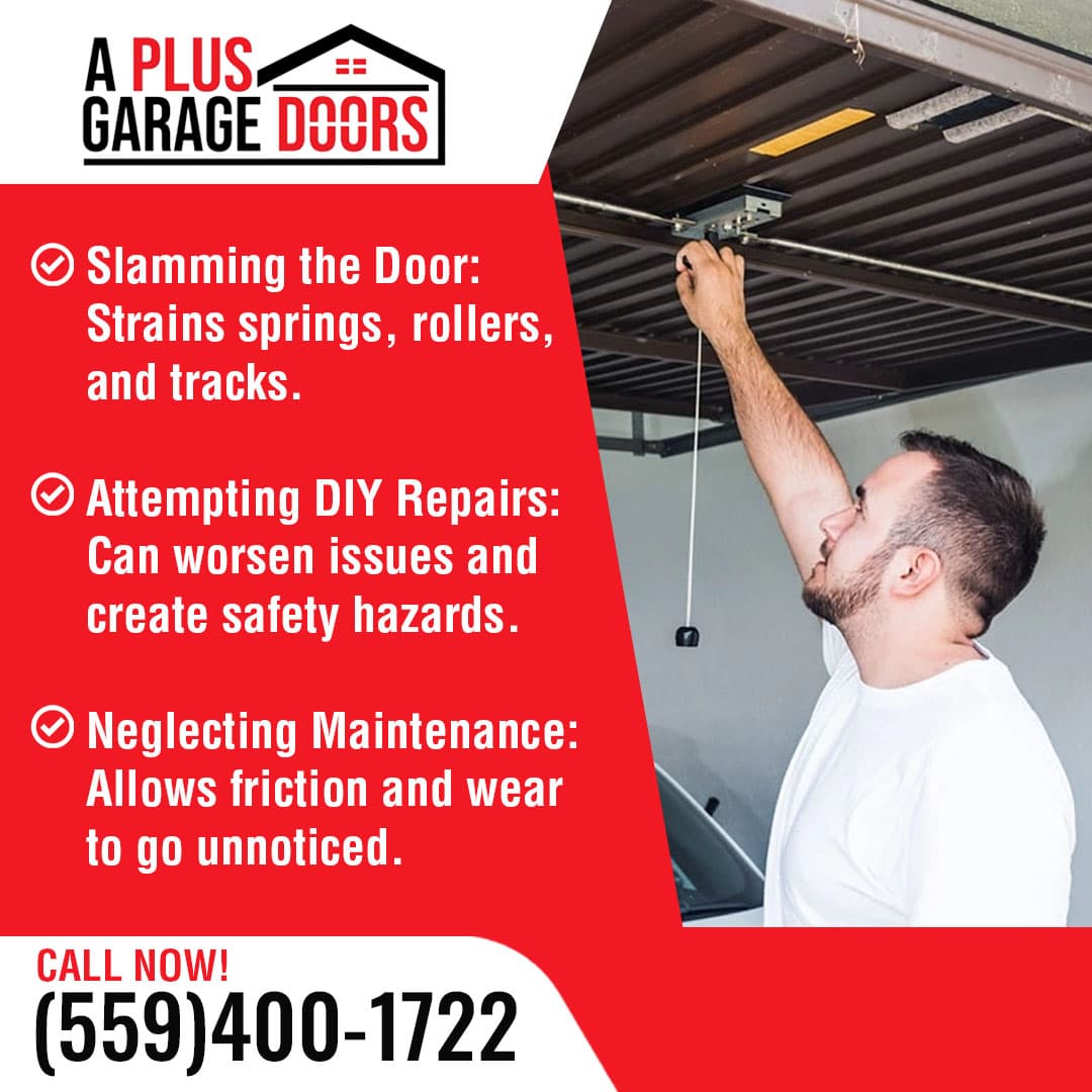 Homeowner adjusting garage door opener pull cord and track system