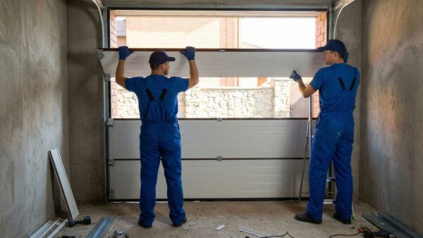 two technicians installing garage door panels inside residential garage