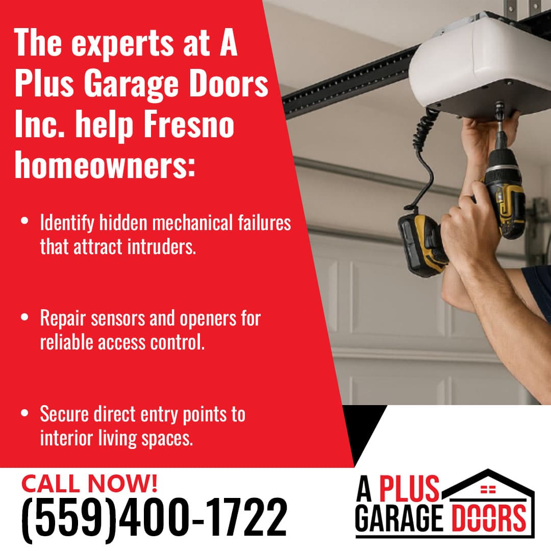 technician installing or repairing garage door opener with drill in Fresno CA