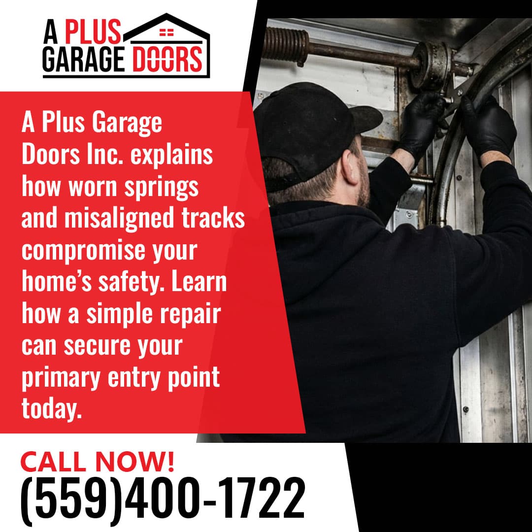Technician repairing garage door torsion spring and track system in Fresno CA