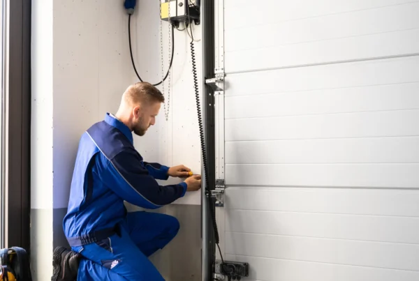 Technician installing the track and hardware of a garage door