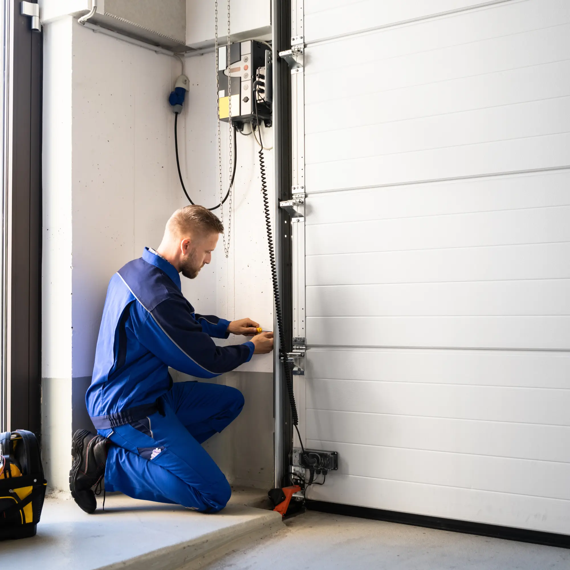 Technician installing the track and hardware of a garage door