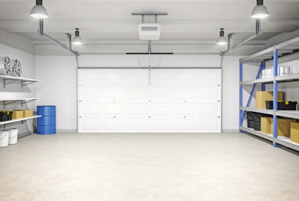 Interior view of a garage with a white sectional door and installed opener in Madera, CA