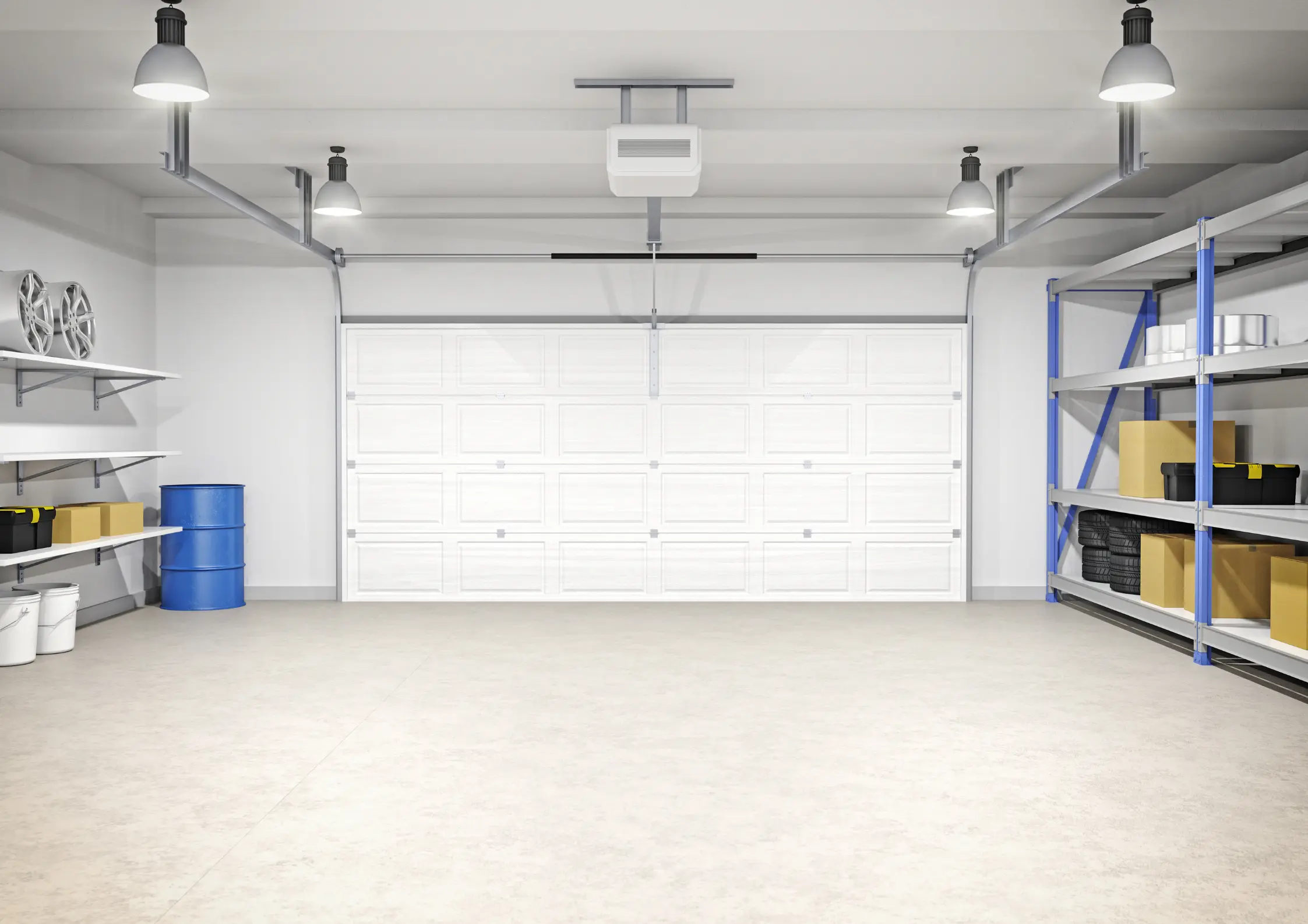 Interior view of a garage with a white sectional door and installed opener in Madera, CA